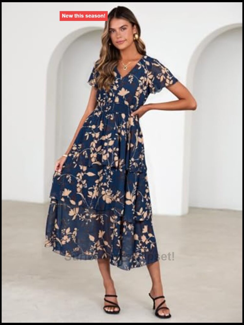 Women Floral Summer Maxi Dress Boho Flowy Ruffle Tiered Short Sleeve V Neck - Picture 5 of 7